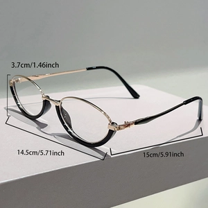 Detailed size chart for vintage amber half-frame glasses with golden metal temples