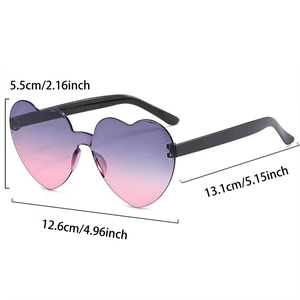 Detailed dimensions of heart-shaped kids sunglasses with purple gradient lenses