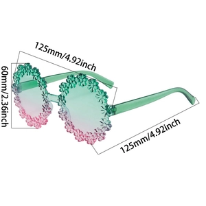 Detailed dimensions of round kids daisy sunglasses with green pink gradient frame