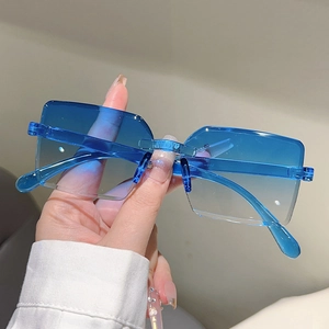 Men's blue gradient rimless square sunglasses with stylish one-piece wrap design