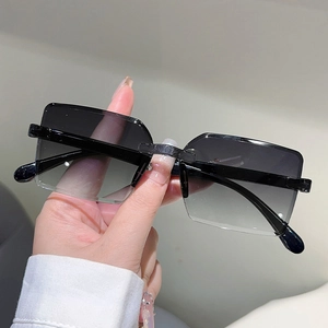 Detailed view of rectangle sunglasses with gradient lenses and sleek black temples