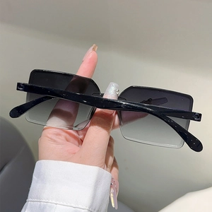 Detail shot of rectangular sunglasses with grey gradient lenses and sleek black temples