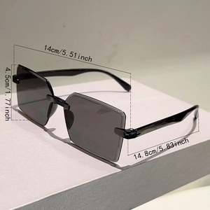 Detailed dimensions of rimless square sunglasses with frame width and arm length info