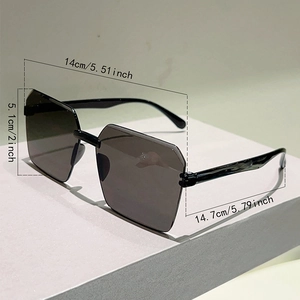 Detailed dimension guide showing frame width, lens height, and arm length of black sunglasses