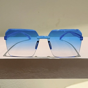 Rimless oversized square sunglasses with blue gradient lenses for party and punk style