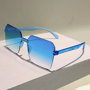 Macro detail of rimless polygonal ocean sunglasses with gradient blue lenses and sleek temples