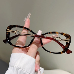 Detailed shot of retro cat-eye glasses with hollowed-out golden metal temple design
