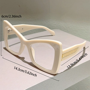 Detailed side view of cat-eye glasses with size dimensions and gold texture accents