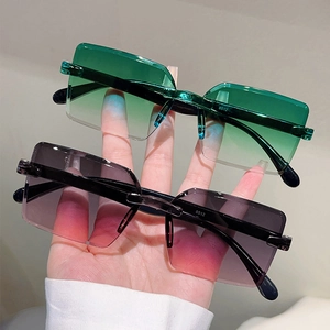 Fashionable rimless rectangular sunglasses with green and pink gradient lenses for men