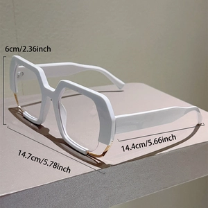 Detail showing dimensions of oversized white geometric glasses with gold metal trim