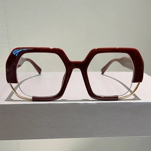 Chic oversized burgundy geometric eyeglasses with gold trim and blue light blocking lens