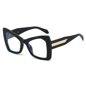 Chic black cat-eye blue light blocking glasses with gold woven metal texture on temples