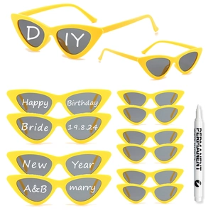 DIY yellow cat-eye sunglasses set with white marker for custom party lettering
