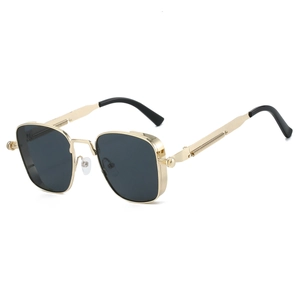 Steampunk sunglasses featuring metal spring legs and square gray lenses in golden frame