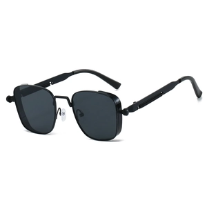 Steampunk black square frame sunglasses with unique industrial metal spring temples