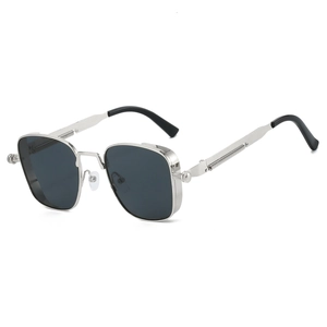Macro detail of steampunk metal spring hinge and square silver frame on sunglasses