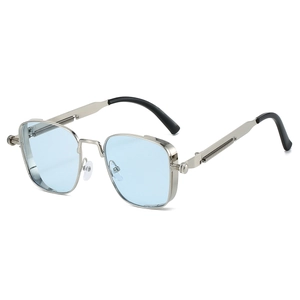 Detail of steampunk sunglasses with silver metal frame and mechanical spring temple design