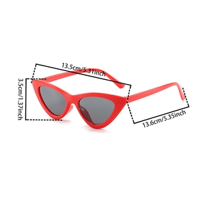 Detail view of red cat eye sunglasses with precise frame dimensions and sizing metrics