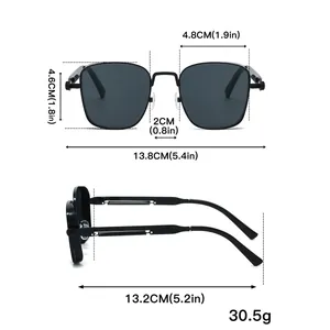Steampunk sunglasses size chart with square frame measurements and metal spring leg details