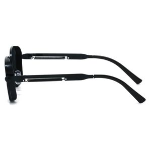 Detail view of steampunk square sunglasses with visible metal spring hinge mechanism
