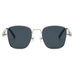 Detailed close-up of industrial screw hinge on silver metal square frame sunglasses
