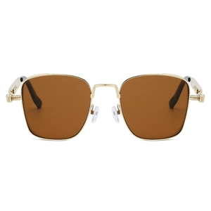 Steampunk gold metal square sunglasses with spring temple details and brown lenses