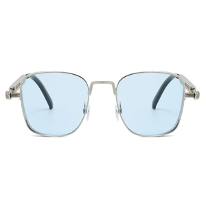 Detail of steampunk metal spring hinges and square blue lenses on silver frames