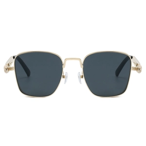 Detail of steampunk metal spring hinge and golden square frame on fashion sunglasses