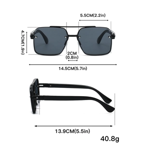 Detailed dimensions of flat top aviator sunglasses with black double bridge frame