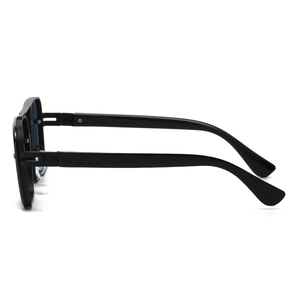 Detailed side view showing hinge and clear nose pads of black double bridge aviator sunglasses