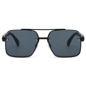 Detail of pilot sunglasses showing double bridge design and silver screw fixings on dark lenses