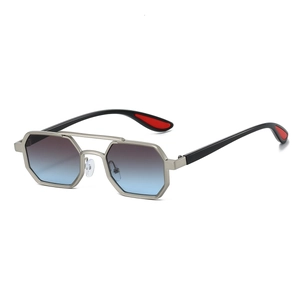 Detail of silver hexagonal metal sunglasses with double bridge and gradient lenses