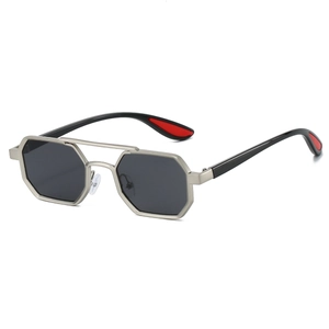 Detail view of hexagonal silver metal frames with double bridge and red accents