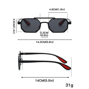 Detailed dimensions of hexagonal metal sunglasses with black frames and red temple accents