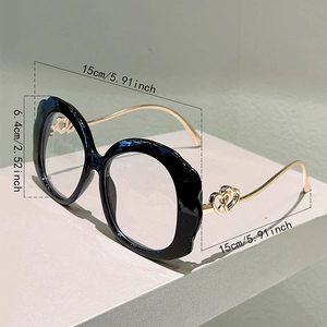 Detailed dimension layout showing 15cm width and heart-shaped metal temples on round glasses