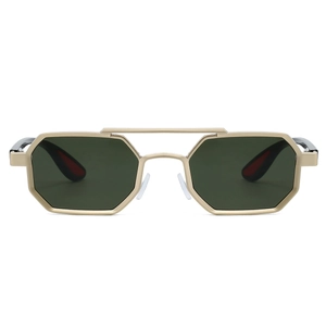 Detailed front view of gold hexagonal metal sunglasses with retro double bridge design