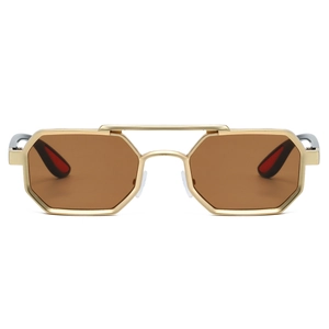 Detail of hexagonal metal sunglasses with double bridge and dark brown polarized lenses