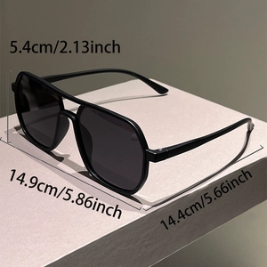 Detailed size chart of minimalist double-bridge aviator sunglasses for men in black