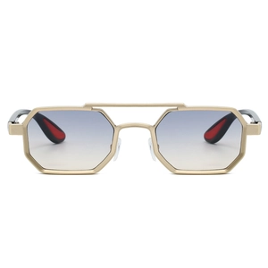 Detail of hexagonal metal sunglasses with double bridge and gradient lenses in gold frame
