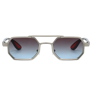 Silver hexagonal metal sunglasses with double bridge and gradient lenses on white backdrop