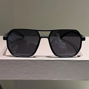 Minimalist double-bridge square pilot sunglasses in matte black finish for men