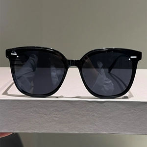 Detail of black cat-eye sunglasses featuring silver metal bar accents and premium finish