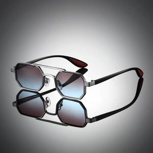 Detailed close-up of hexagonal gradient sunglasses with double bridge and metal frame