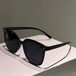 Detail of black cat-eye sunglasses with signature double metal bar decor on the temples