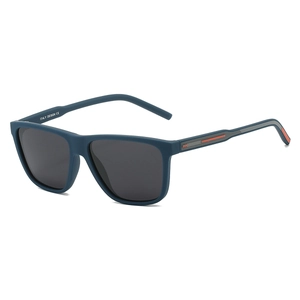 Detail of matte blue square sunglasses with orange accents and Italy Design CE logo