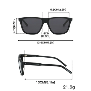 Detailed dimension guide for square frame sunglasses with precise lens and arm measurements