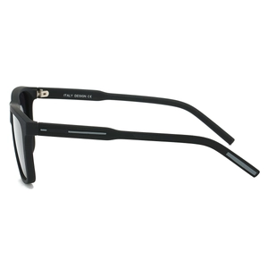 Detail of matte black square frames with silver metal hinges and Italy design text
