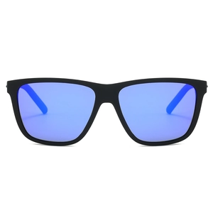 Front view of square frame sunglasses with blue mirrored lenses and matte black finish