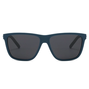 Front view of matte navy blue square sunglasses with dark grey protective lenses