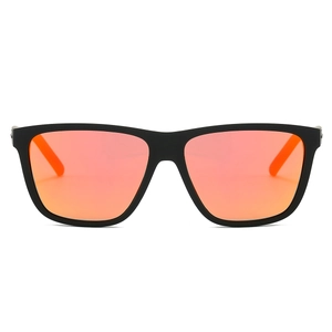 Detail of square matte black frame sunglasses with vibrant orange mirrored lenses